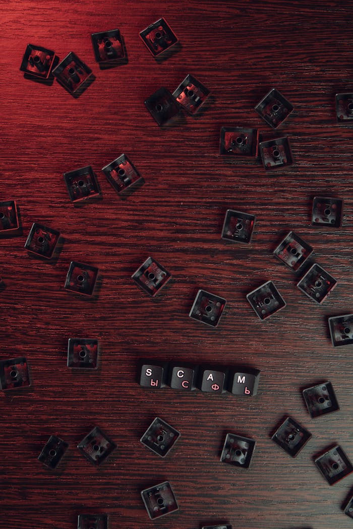 home-img Scattered keyboard keys spelling 'SCAM' on a red-lit wooden surface, symbolizing online fraud.